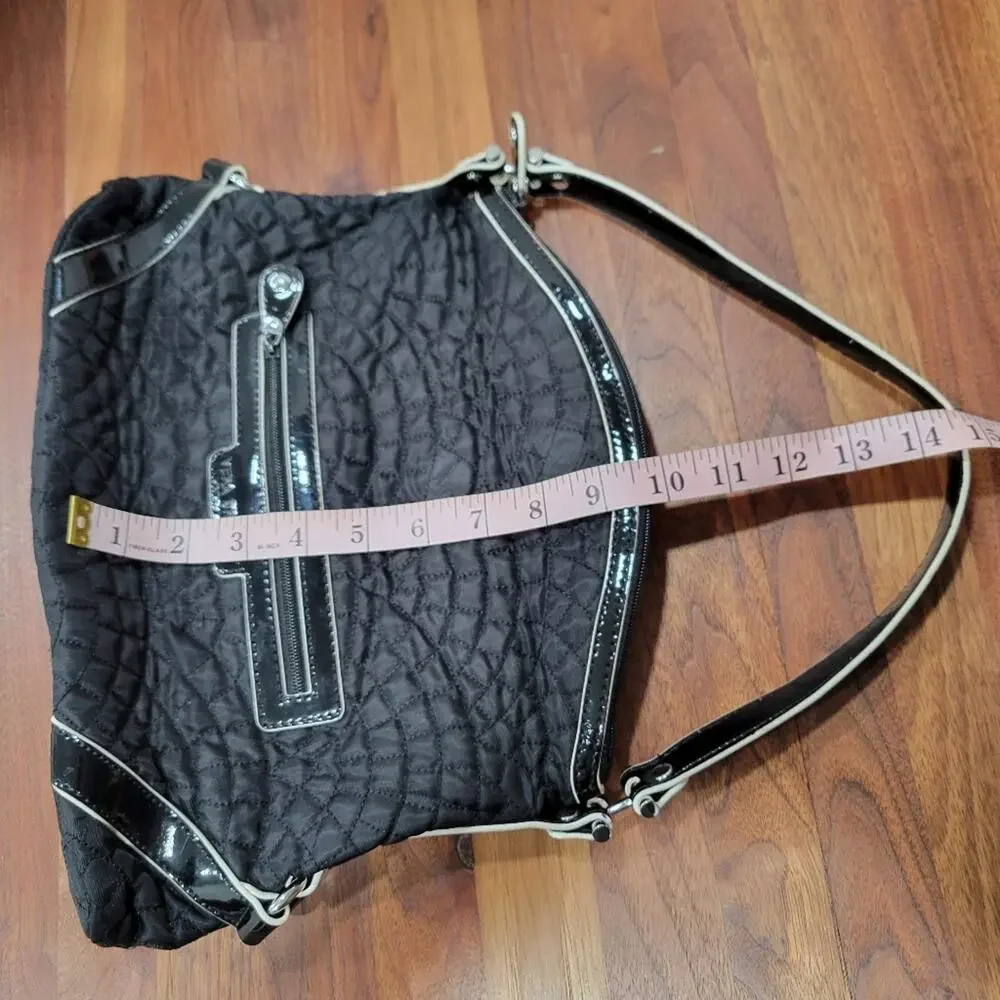 Vera Bradley Quilted Hand/Shoulder Bag Patent & Silver Pockets Fold Over Black
